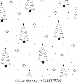 Christmas pattern with Christmas trees, doodle style, minimalism, seamless, black and white
