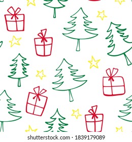 Christmas pattern. Christmas trees and gifts. Hand-drawn. Seamless background.
Vector illustration