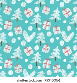 Christmas pattern with Christmas trees, gifts and hearts. Seamless background.