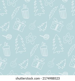 Weihnachtsmuster mit Weihnachtsbäumen und Geschenken auf blauem Hintergrund.