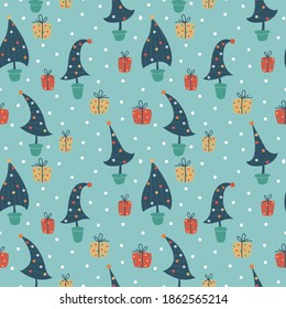 Christmas pattern with Christmas trees and gifts. Packaging paper design.