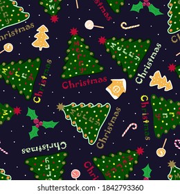 Patrón de Navidad. Árboles de Navidad, pan de jengibre de Navidad y otros artículos festivos - ilustración vectorial, eps