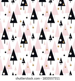 
Christmas pattern with trees and New Year's toys, balls. Vector illustration. Template for scrapbooking greetings, fabrics, congratulations, invitations.