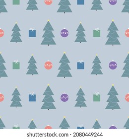 Christmas pattern with Christmas trees and presents and beautiful Christmas balls on blue background. Festive flat seamless design for wrapping, clothes, print. Holiday cartoon vector illustration