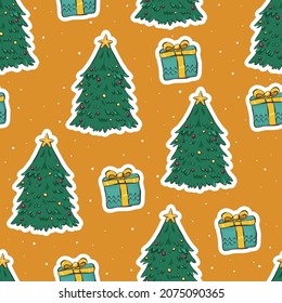 Christmas pattern with trees and presents and falling snow
