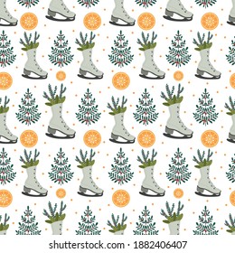 Christmas pattern with Christmas trees, skates and oranges.Scandinavian style .Minimalisn . Nature .