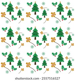 Christmas pattern with trees, small flowers, leaves, snowflakes, on a light background. Perfect seamless background for use on textiles, wallpapers and party decorations.