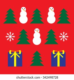 Christmas pattern with trees, snow flakes, snowman and gift boxes