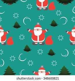 Christmas pattern with Christmas trees, snow and Santa Claus with gift bag