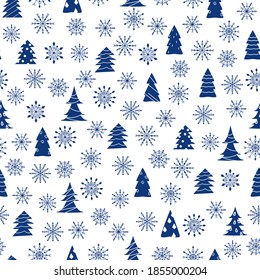 Christmas pattern with Christmas trees, snowflakes and Christmas decorations. Stylish vector pattern on the theme of New Year and Christmas. Vector decorations in blue and white colors for printing 