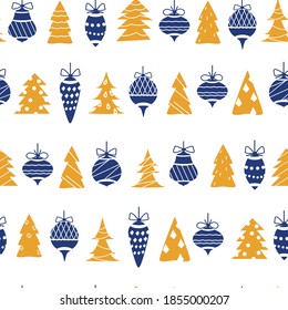 Christmas pattern with Christmas trees, snowflakes and Christmas decorations. Stylish vector pattern on the theme of New Year and Christmas. Vector decorations in blue and white colors for printing 