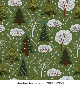 Christmas pattern with trees and snowflakes on dark background, vector