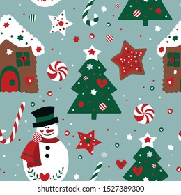 Christmas pattern with Christmas trees, snowman and gingerbread house.