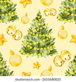 Patrón de Navidades con árboles, estrellas, campanas y adornos. impresión de Vector