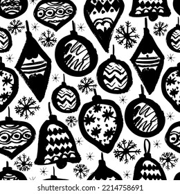 Christmas pattern with tree's toys, snowflakes. Vector illustration. Template for greeting,  congratulations, invitations