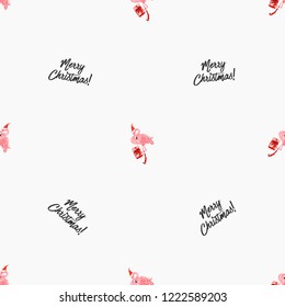 Christmas pattern with tropical new year flamingo with present and Merry Christmas sign. Hand drawn illustration seamless background. Decoration on white backdrop.