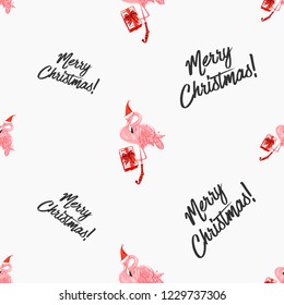 Christmas pattern with tropical new year flamingo with present and Merry Christmas sign. Hand drawn illustration seamless background. Decoration on white backdrop.