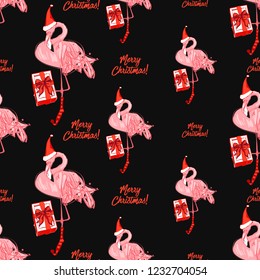 Christmas pattern with tropical new year flamingo with present and Merry Christmas sign. Hand drawn illustration seamless background. Decoration on black backdrop.