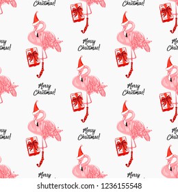 Christmas pattern with tropical new year flamingo with present and Merry Christmas sign. Hand drawn illustration seamless background. Decoration on white backdrop.
