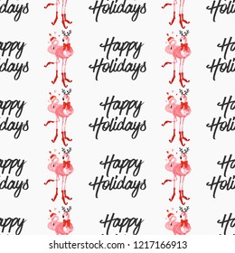Christmas pattern with tropical Santa and deer flamingo with happy holidays sign. Vector watercolor seamless background. Decoration on white backdrop. Hand drawn illustration.