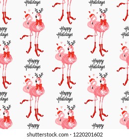 Christmas pattern with tropical Santa and deer flamingo with happy holidays sign. Vector watercolor seamless background. Decoration on white backdrop. Hand drawn illustration.