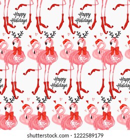 Christmas pattern with tropical Santa and deer flamingo with happy holidays sign. Vector watercolor seamless background. Decoration on white backdrop. Hand drawn illustration.