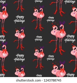 Christmas pattern with tropical Santa and deer flamingo with happy holidays sign. Vector watercolor seamless background. Decoration on black backdrop. Hand drawn illustration.