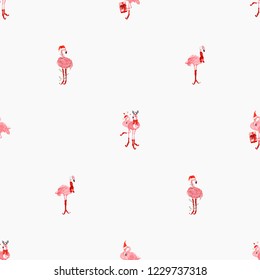 Christmas pattern with tropical winter flamingos in xmas clothes: Santa hat, deer horns and other symbols. Vector watercolor seamless background. Decoration on white backdrop. Hand drawn illustration.