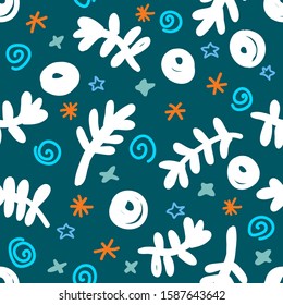 Christmas pattern with twigs and toys on a blue background. For textile, background, wrapping paper, Wallpaper, fabric.