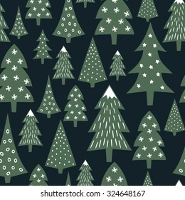 Christmas pattern - varied Xmas trees and snowflakes. Simple seamless Happy New Year background. Vector design for winter holidays on dark blue background. Child drawing style trees.