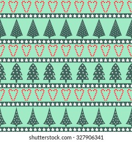 Christmas pattern - varied Xmas trees, stars and candy canes. Happy New Year and Merry Xmas seamless background. Vector design for winter holidays on mint background.