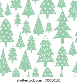 Christmas pattern - varied Xmas trees and snowflakes. Simple seamless Happy New Year background. Vector design for winter holidays on white background. Child drawing style forest.