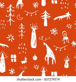 Christmas pattern - varied Xmas trees,foxes and deers. Happy New Year seamless background. Vector design for winter holidays. Child drawing style forest and wild animals illustration.