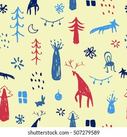 Christmas pattern - varied Xmas trees,foxes and deers. Happy New Year seamless background. Vector design for winter holidays. Child drawing style forest and wild animals illustration.