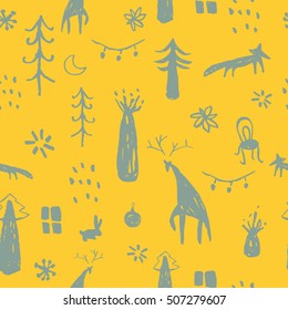 Christmas pattern - varied Xmas trees,foxes and deers. Happy New Year seamless background. Vector design for winter holidays. Child drawing style forest and wild animals illustration.