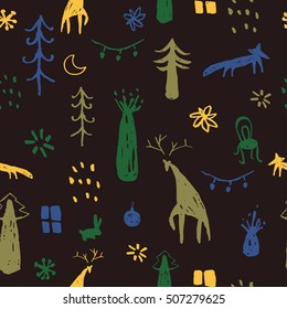 Christmas pattern - varied Xmas trees,foxes and deers. Happy New Year seamless background. Vector design for winter holidays. Child drawing style forest and wild animals illustration.