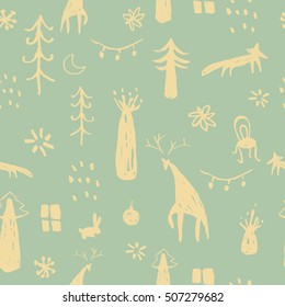 Christmas pattern - varied Xmas trees,foxes and deers. Happy New Year seamless background. Vector design for winter holidays. Child drawing style forest and wild animals illustration.