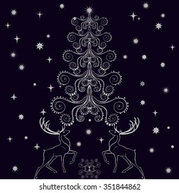 Christmas pattern. Vector background - deer, tree and snowflakes.
