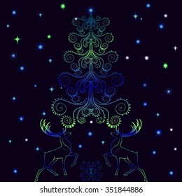Christmas pattern. Vector background - deer, tree and snowflakes.