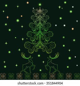 Christmas pattern. Vector background - deer, tree and snowflakes.