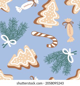 Christmas pattern. Vector backgrounds with brahches of spruce, candy and gingerbread. Ideal for design of fabric, cards, wrapping paper for Happy New year