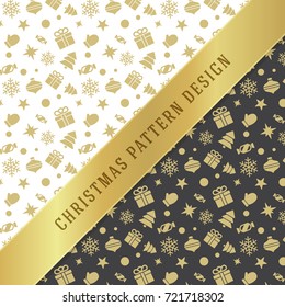 Christmas pattern vector design for background, wrapping paper, greeting card. Golden gift boxes icons.