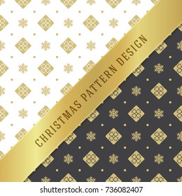 Christmas pattern vector design background, wrapping paper, greeting card. Golden gift boxes and snowflakes icons.