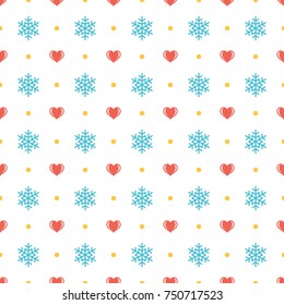Christmas pattern vector design background, wrapping paper, greeting card. Snowflakes and hearts icons.