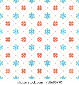 Christmas pattern vector design background, wrapping paper, greeting card. Snowflakes and gift boxes icons.