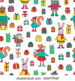 Christmas pattern. Vector pattern with doodle animals and gifts. Cute winter background. Fox, bear, rabbit, cat, hedgehog and squirrel.