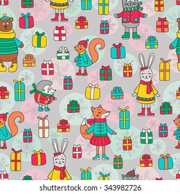 Christmas pattern. Vector pattern with doodle animals and gifts. Cute winter background. Fox, bear, rabbit, cat, hedgehog and squirrel.