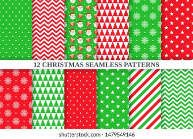 Christmas pattern. Vector. Festive seamless background. Holiday Xmas, new year texture. Set geometric textile print with polka dot, zigzag, Santa, snowflake, star, candy cane. Red green illustration