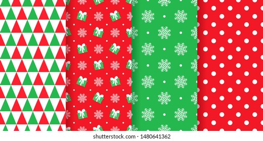 Christmas pattern. Vector. Holiday geometric background. Xmas, New year seamless texture wrapping paper with triangle, polka dots, snowflake, gifts. Set festive textile prints. Red green illustration