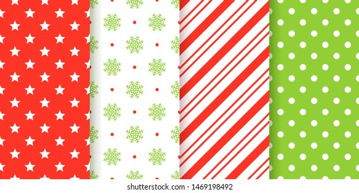 Christmas pattern. Vector. Holiday seamless background. Xmas, new year festive texture. Abstract, geometric textile print with stars, snowflakes, polka dots, candy cane stripes. Red green illustration